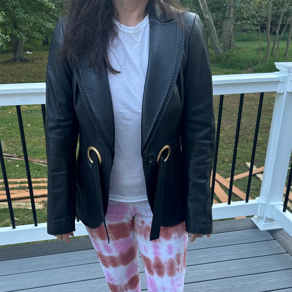 Escada Black Leather Jacket with Gold Accents - Picture 11 of 14